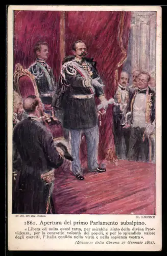 Künstler-AK Victor Emanuel II. von Italien bei der Eröffnung des ersten Parlaments