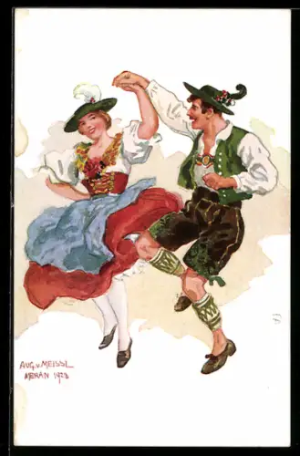 Künstler-AK Tanzpaar in bayerischer Tracht