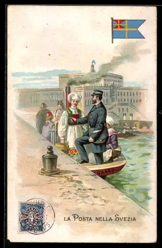 Lithographie La Posta nella Svezia, Postbote auf einem Boot