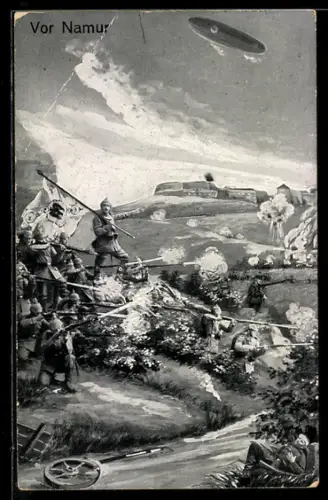 AK Namur, Soldaten im Gefecht, Zeppelin