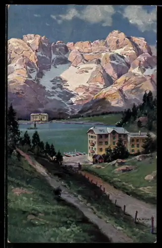 Künstler-AK Rudolf Alfred Höger: Misurina, See mit Bergkette am Morgen