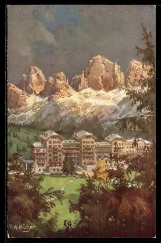 Künstler-AK Rudolf Alfred Höger: Karersee, Hotel Karersee an der Dolomitenstrasse