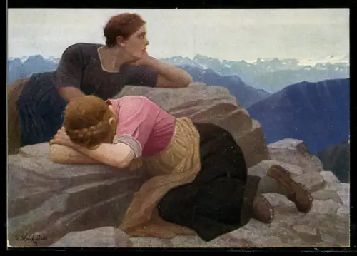 Künstler-AK Th. Walch: Verlorene Heimat Süd-Tirol, zwei Frauen auf den Felsen, in die Ferne blickend und weinend