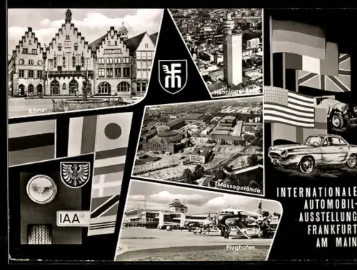 AK Frankfurt a. M., IAA Internationale Automobil Ausstellung, Römer, Messegelände, Henninger Turm, Wappen