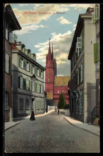 AK Basel, Rittergasse mit Münster