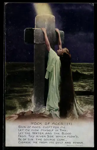 AK Rock of Ages, Frau kniet vor einem Kreuz am Meer