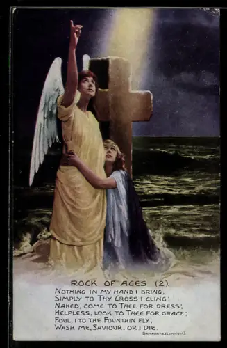 AK Rock of Ages, Frau kniet vor Kreuz und Schutzengel nieder