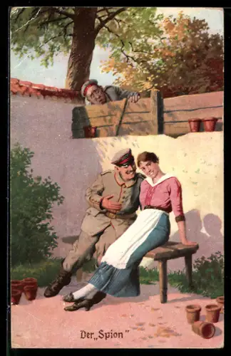 Künstler-AK Arthur Thiele unsign.: Ein Spion beobachtet einen Soldaten mit einer schönen Frau auf einer Bank