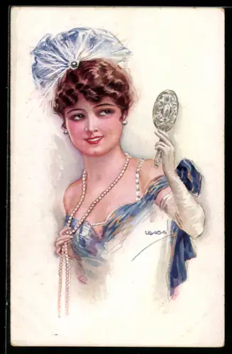 Künstler-AK Luis Usabal: Frau mit Perlenkette und Haarschmuck