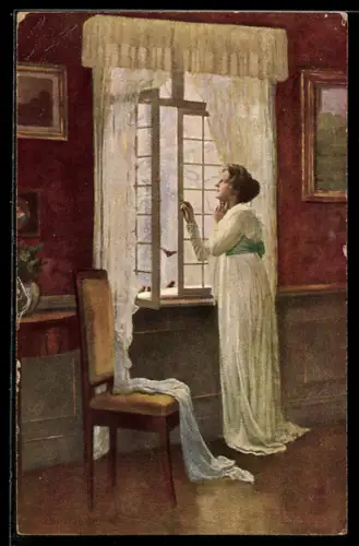 Künstler-AK sign. E. Schneider: Hoffen und Bangen, Frau blickt aus dem Fenster