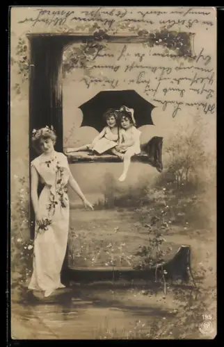 AK Zum Buchstaben E geformter Baum, Frau steht davor, Kinder sitzen auf dem unteren Ast