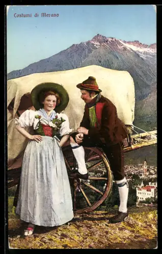 AK Merano, Italienisches Paar in Tracht am Planwagen