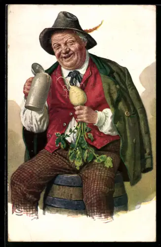 AK Älterer Herr mit einem Bierkrug und einem Rettich in der Hand