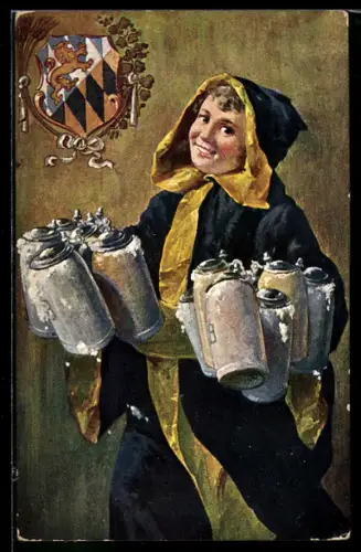AK München, Münchner Kindl mit Bierkrügen in der Hand und Wappen
