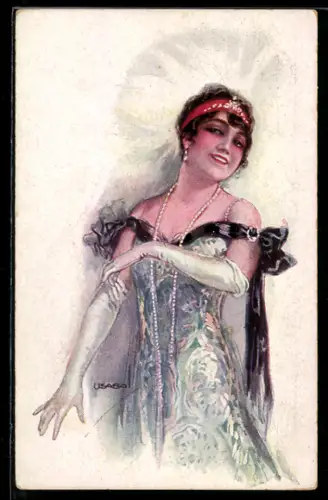 Künstler-AK Luis Usabal: Dame in eleganter Abendgarderobe