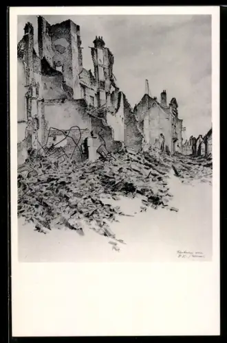 Künstler-AK Dünkirchen, Häuserzeile der im Westfeldzug am härtesten umkämpften Stadt