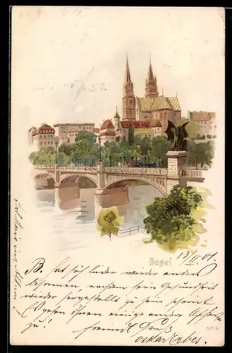 Lithographie Basel, Partie an der Brücke mit Blick auf die Kathedrale