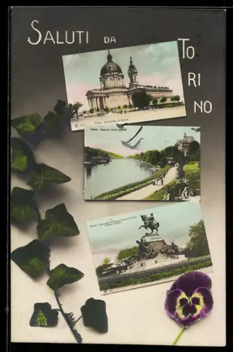 AK Torino, Reale Basilica di Superga, Fiume Po e Castel Valentino, Monumento al Principe Amedeo di Savoia