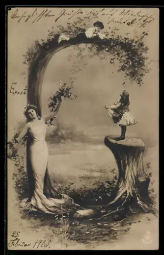 AK Dame im Kleid und Kinder am Buchstaben G