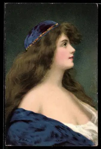 Künstler-AK Angelo Asti: Schönheit mit tief dekolletiertem blauem Kleid