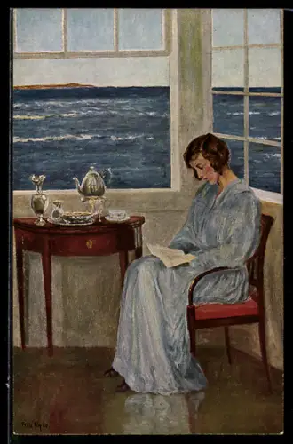 Künstler-AK sign. Friis Nybo: Morgenbrise, Dame liest an Fenster mit Blick auf das Meer