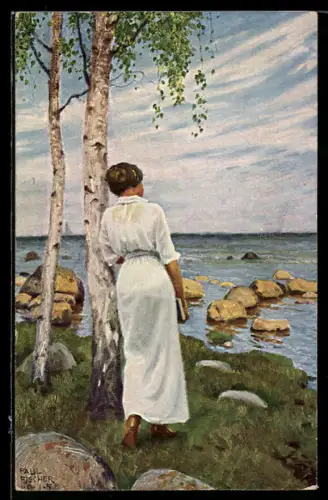 Künstler-AK Paul Fischer: Frau mit Buch in der Hand schaut aufs Meer