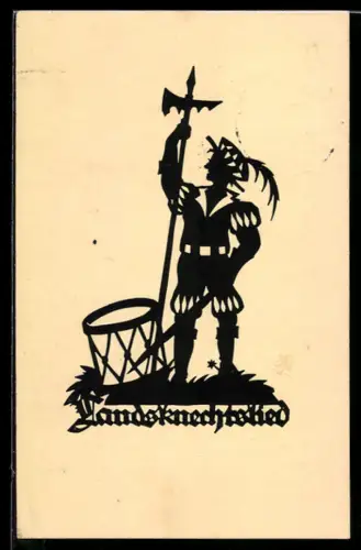 AK Landsknechts-Lied, Scherenschnitt eines Soldaten mit Hellebarde