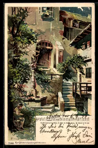 Künstler-Lithographie Theodor Guggenberger: Am Brunnen vor dem Thore...