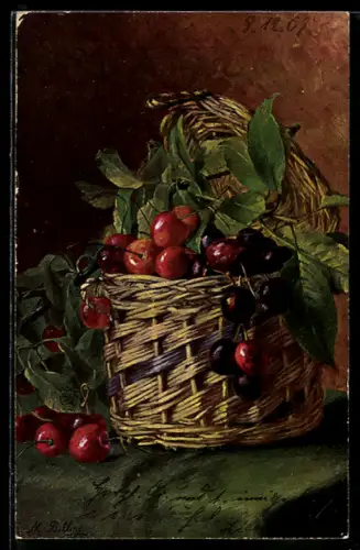 Künstler-AK M. Billing: Kirschen in einem geflochtenen Korb