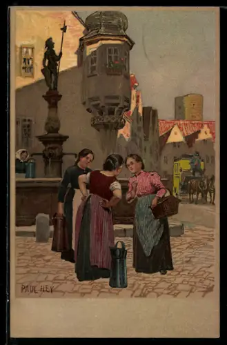 Künstler-Lithographie Paul Hey: Damen am Brunnen
