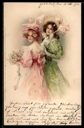 Künstler-AK Meissner & Buch (M&B) Serie 1068: Aus vergangen Tagen, Freundinnen mit bunten Hüten