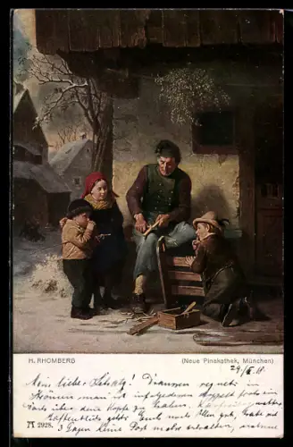 Künstler-AK Schlittenschnitzer, Tischler und Kinder