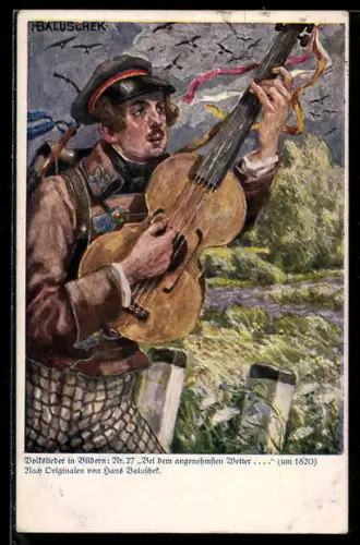 Künstler-AK Hans Baluschek: Bei dem angenehmen Wetter..., musizierender Wanderer