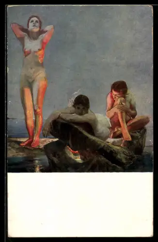 Künstler-AK Max Klinger: Blaue Stunde, nackte Frauen auf einem Felsen