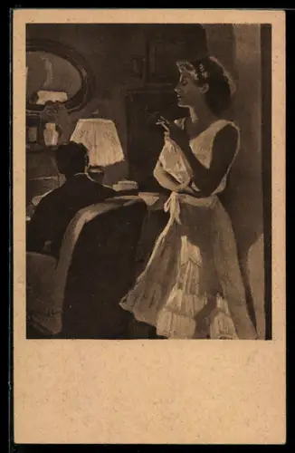 Künstler-AK Ferdinand von Reznicek: rauchende Frau wirft einen Blick auf einen vor ihr abgewandt sitzenden Mann