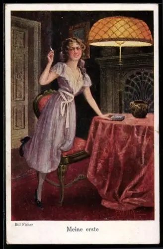 Künstler-AK Bill Fisher: Meine Erste, Zigarette rauchendes Fräulein