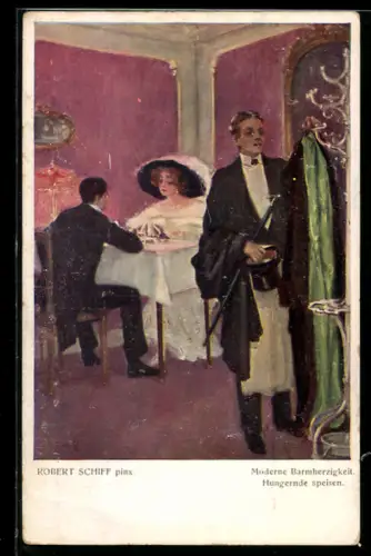 Künstler-AK Robert Schiff: Paar speist im Restaurant, Ober an der Garderobe
