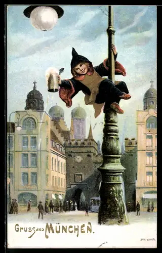 AK München, Münchner Kindl mit Bierkrug an einer Strassenlaterne, mit Frauenkirche