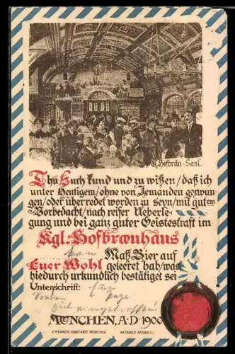 AK Münchner Hofbräuhaus, Urkunde über den Besuch, Siegel
