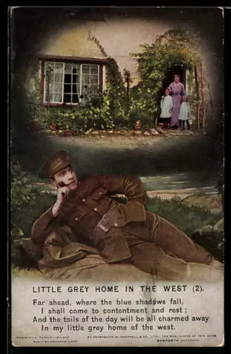 AK Britischer Soldat auf dem Schlachtfeld gedenkt pfeiferauchend seiner Heimat