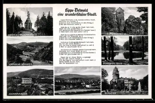 AK Detmold, Hermannsdenkmal, Externsteine, Schloss, Donoper Teich, Lippische Schweiz