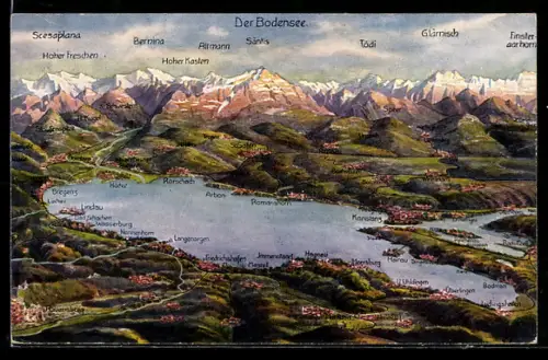 AK Bodensee, Panorama mit Alpenblick und umliegenden Orten