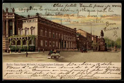Lithographie Berlin, Palais Kaiser Wilhelm I, historisches Eckfenster