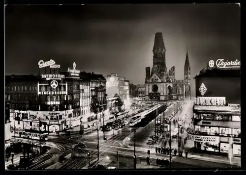 AK Berlin-Charlottenburg, Kurfürstendamm, Kaiser-Wilhelm-Gedächtniskirche, Nachtaufnahme