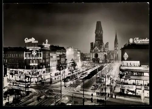 AK Berlin-Charlottenburg, Kaiser-Wilhelm-Gedächtniskirche, Kurfürstendamm bei Nacht