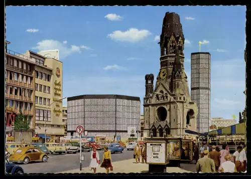 AK Berlin-Charlottenburg, Kaiser-Wilhelm-Gedächtniskirche, VW Käfer