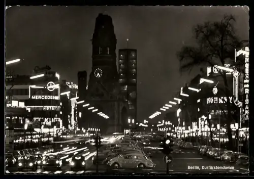 AK Berlin-Charlottenburg, Kurfürstendamm bei Nacht, Kaiser-Wilhelm-Gedächtniskirche