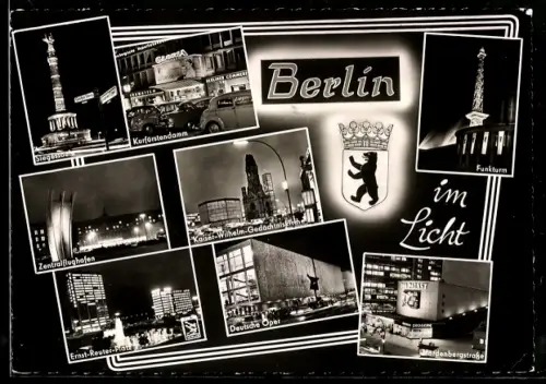 AK Berlin, Siegessäule, Kurfürstendamm, Kaiser-Wilhelm-Gedächtniskirche bei Nacht