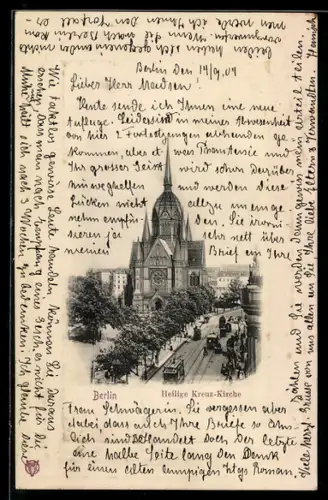 AK Berlin-Kreuzberg, Heilige Kreuz-Kirche, Strassenbahn