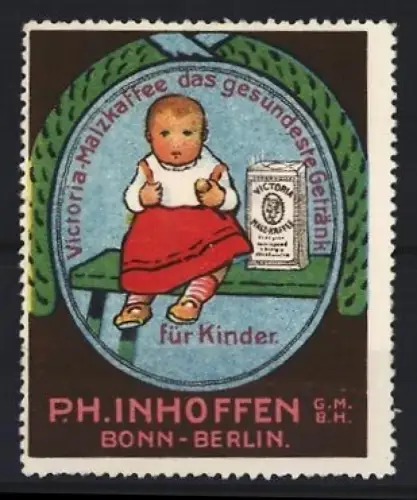 Reklamemarke Bonn, Victoria-Malzkaffee, P. H. Innhoffen GmbH, Kind mit Kaffeepackung